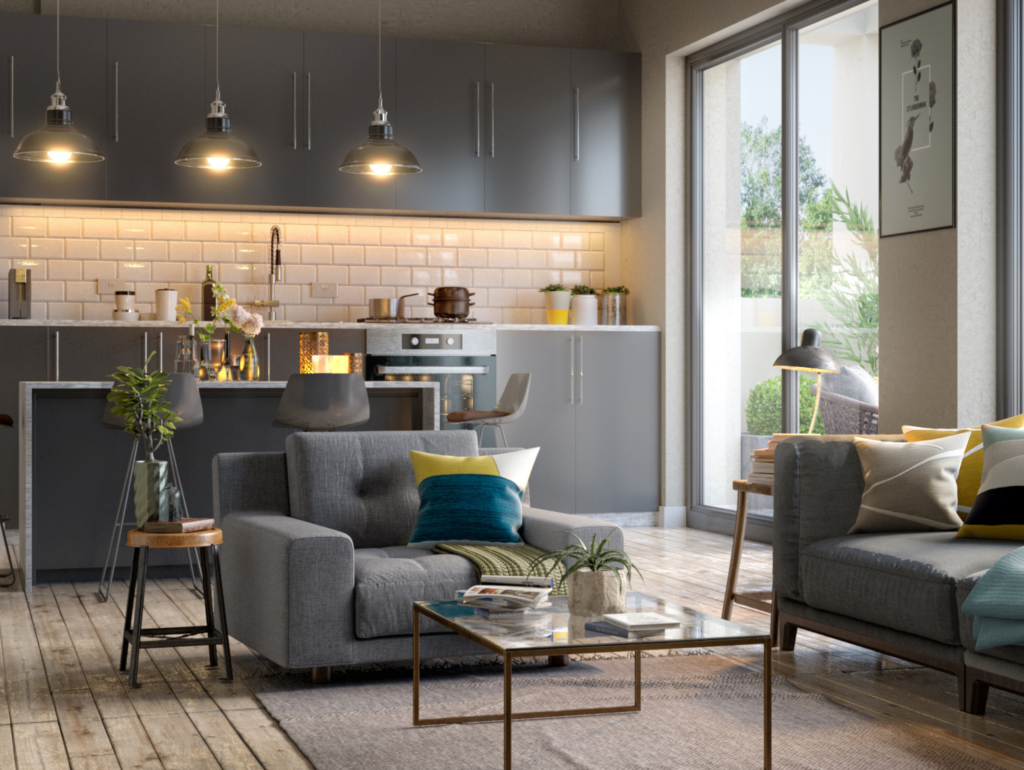 Apartment kitchen lounge CGI 3D Internal Visualisation