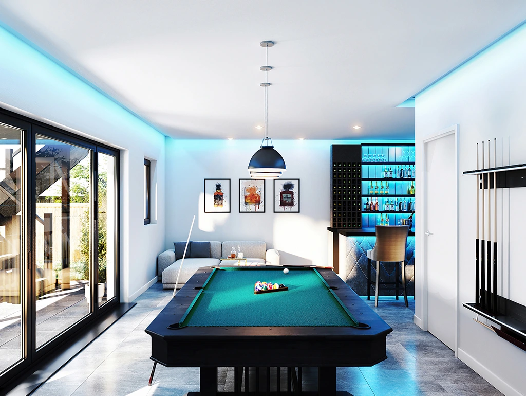 3D interior visualisation of a room with large glass doors and a pool table