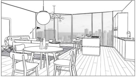 Digital sketch of a kitchen diner, this is being used to show how even a digital sketch can improve the interior design process.