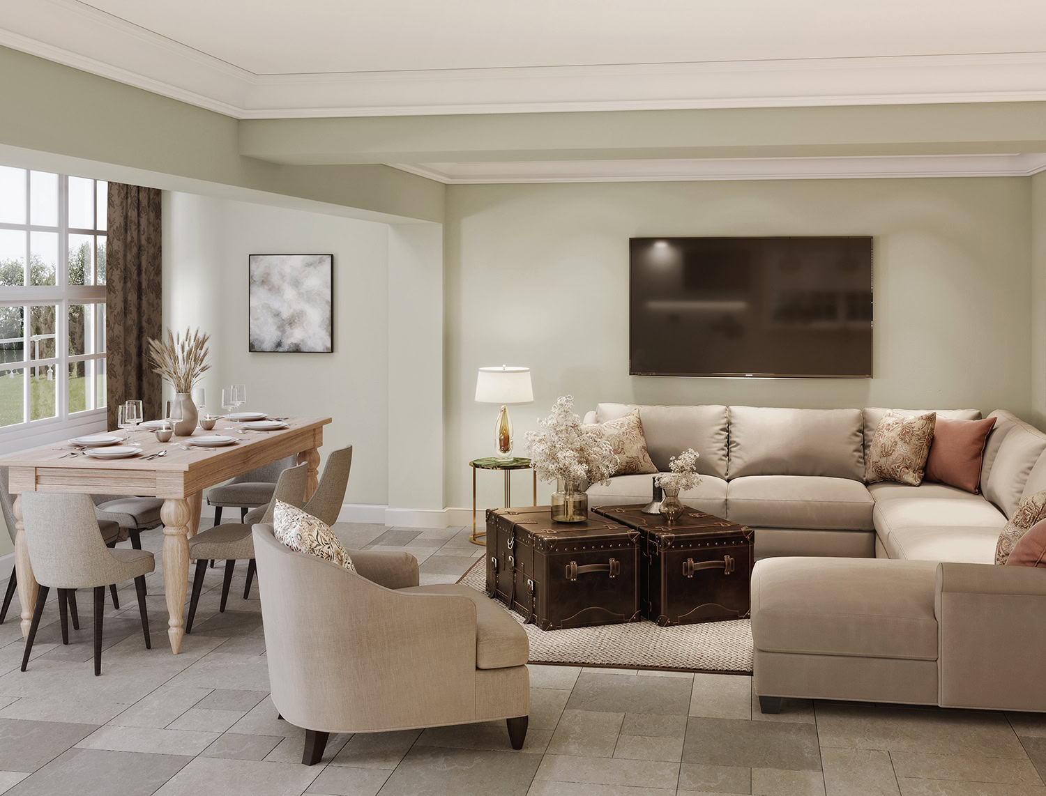 Country house living room with dining table to the side CGI