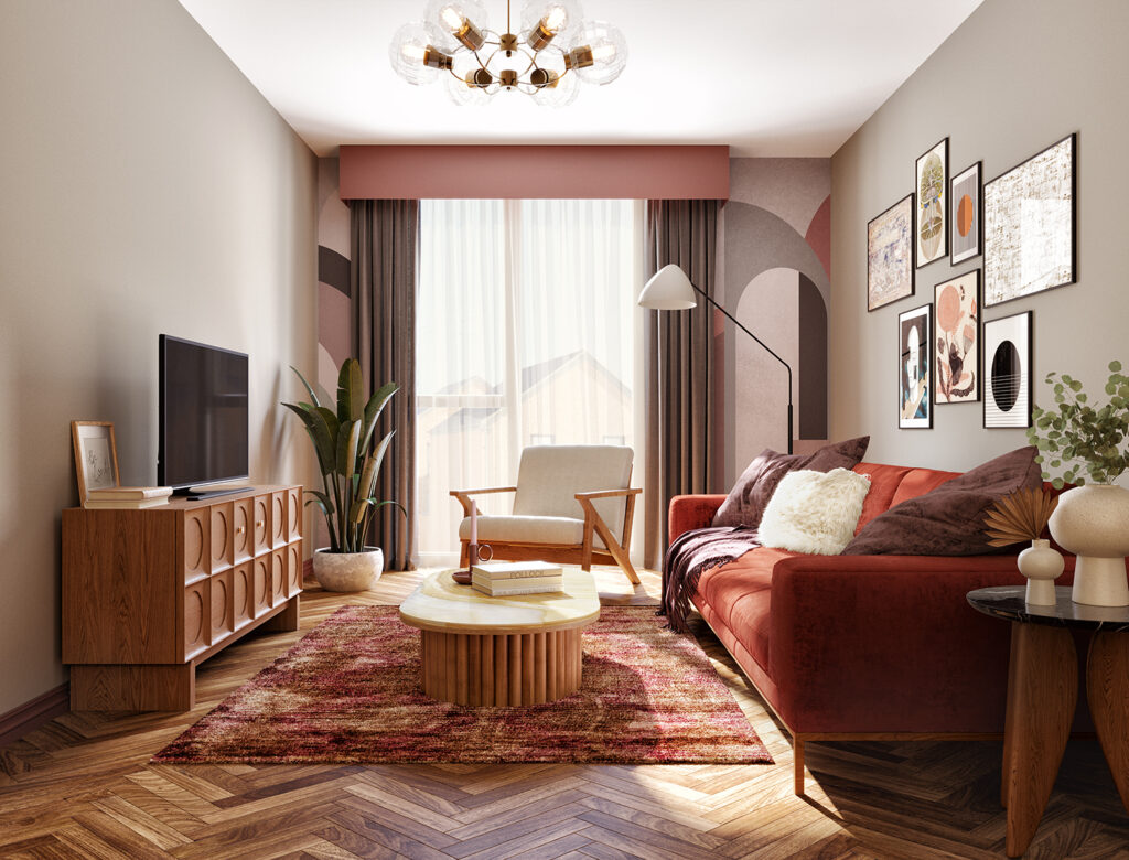 Cozy living room with light streaming through large window.
